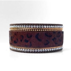 Leopard Print Brown Faux Fur Magnetic Lock Rhinestone Women’s Bracelet